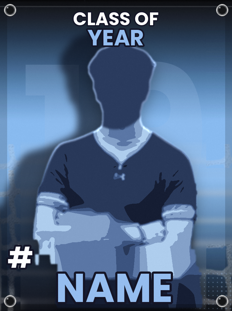 Demo senior banner design with a player silhouette, class year, jersey number, and name placeholders